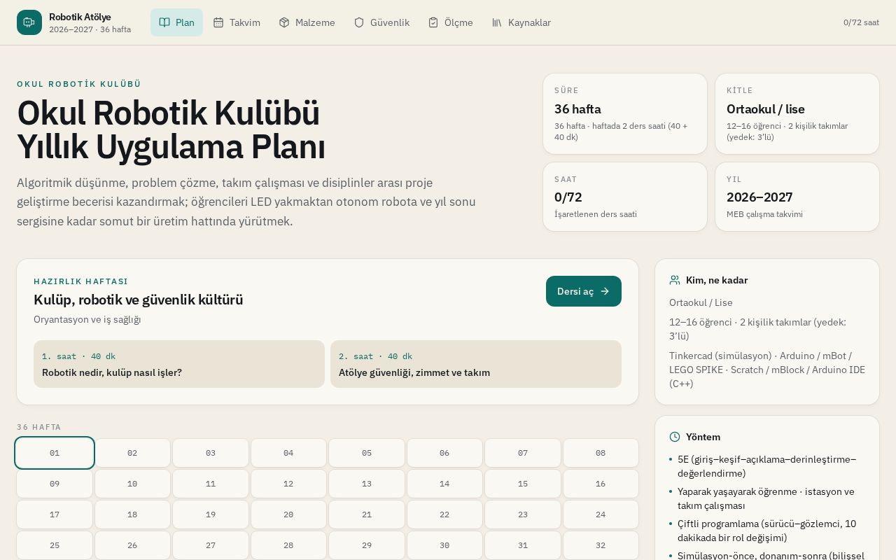 Preview of Robotik Kurs Yillik Uygulama Plani