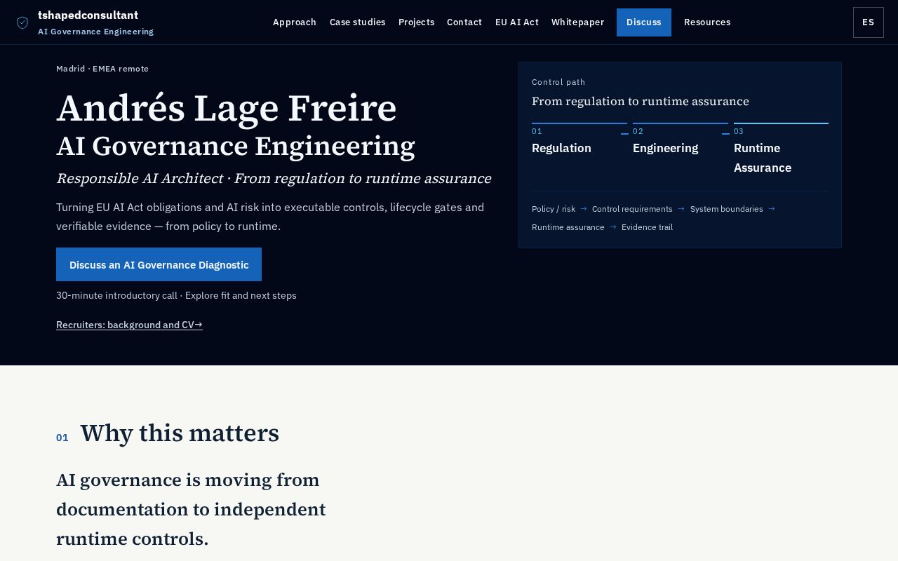 Preview of Andres Lage Freire — AI Governance Engineering. Live site for tshapedconsultant.com