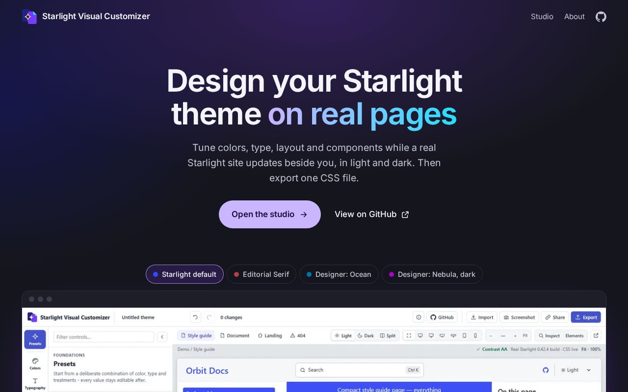 Preview of Starlight Visual Customizer