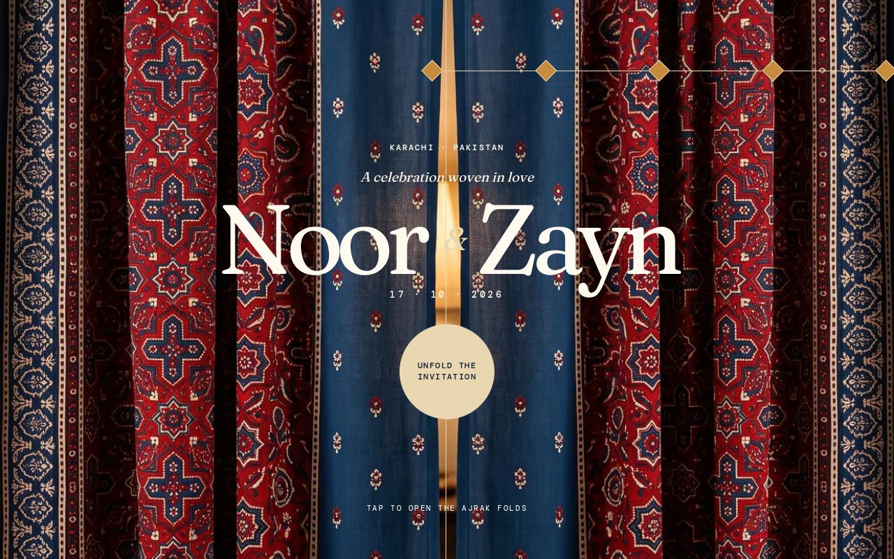 Preview of Sindhi ajrak block-print wedding invitation for Noor & Zayn, 17 October 2026