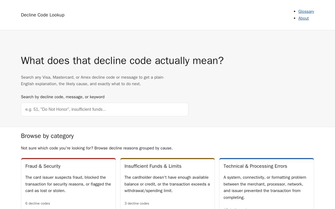 Preview of Decline Code Lookup