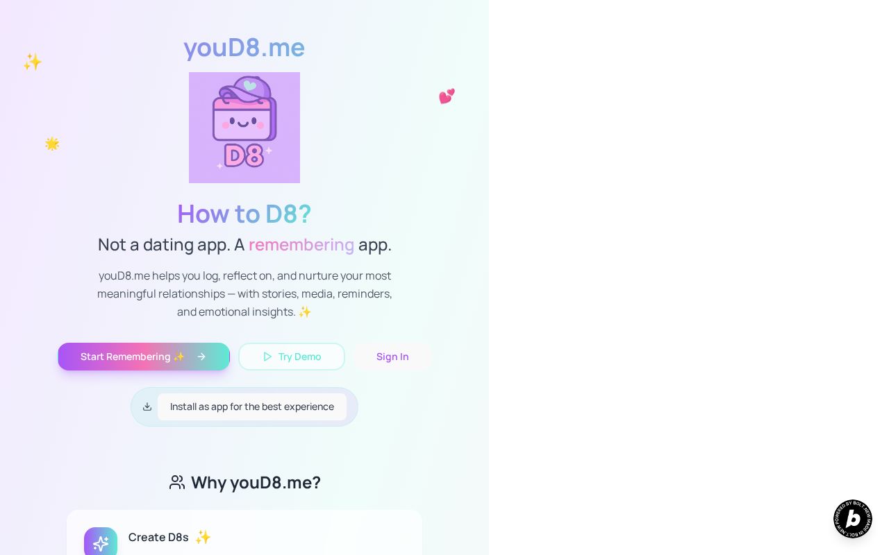 Preview of youD8.me -- The AI-Powered Remembering App