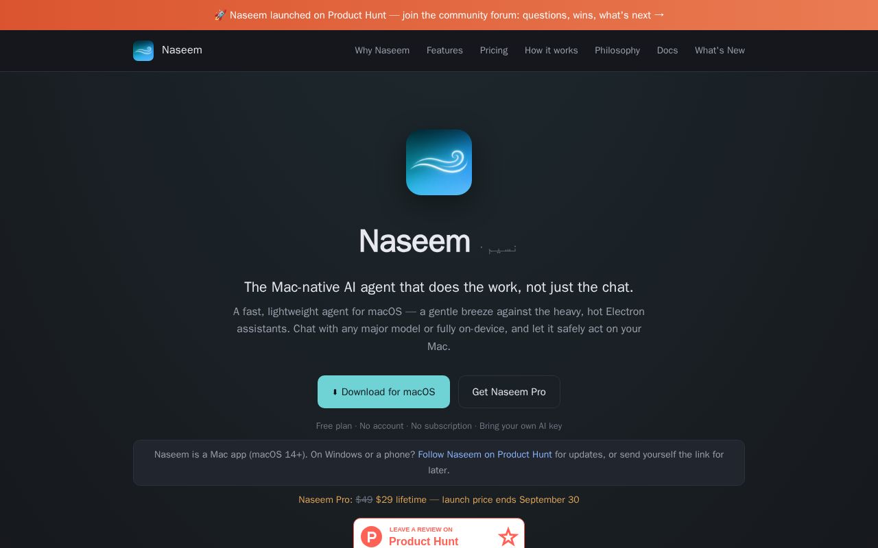 Preview of Naseem — the Mac-native AI agent. Downloads, docs, and release feed.