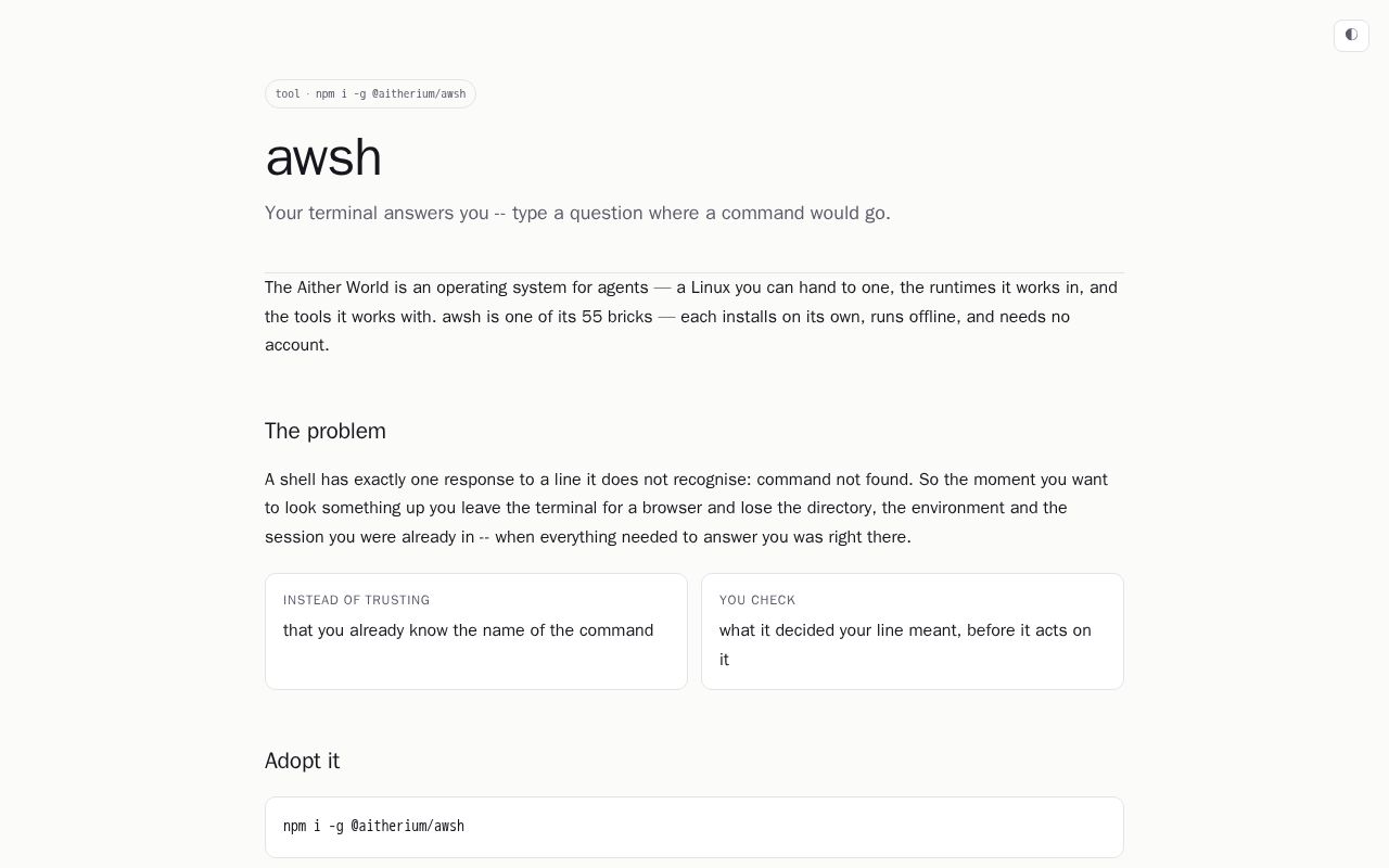 Preview of awsh — your terminal answers you. Type a question where a command would go.