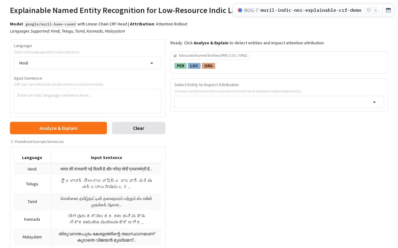 Preview of Explainable Multilingual Indic NER (MuRIL + CRF)