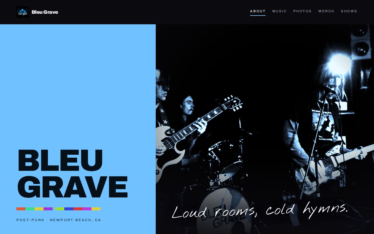 Preview of Bleu Grave band site — plain HTML/CSS/JS, maintained by asking Claude