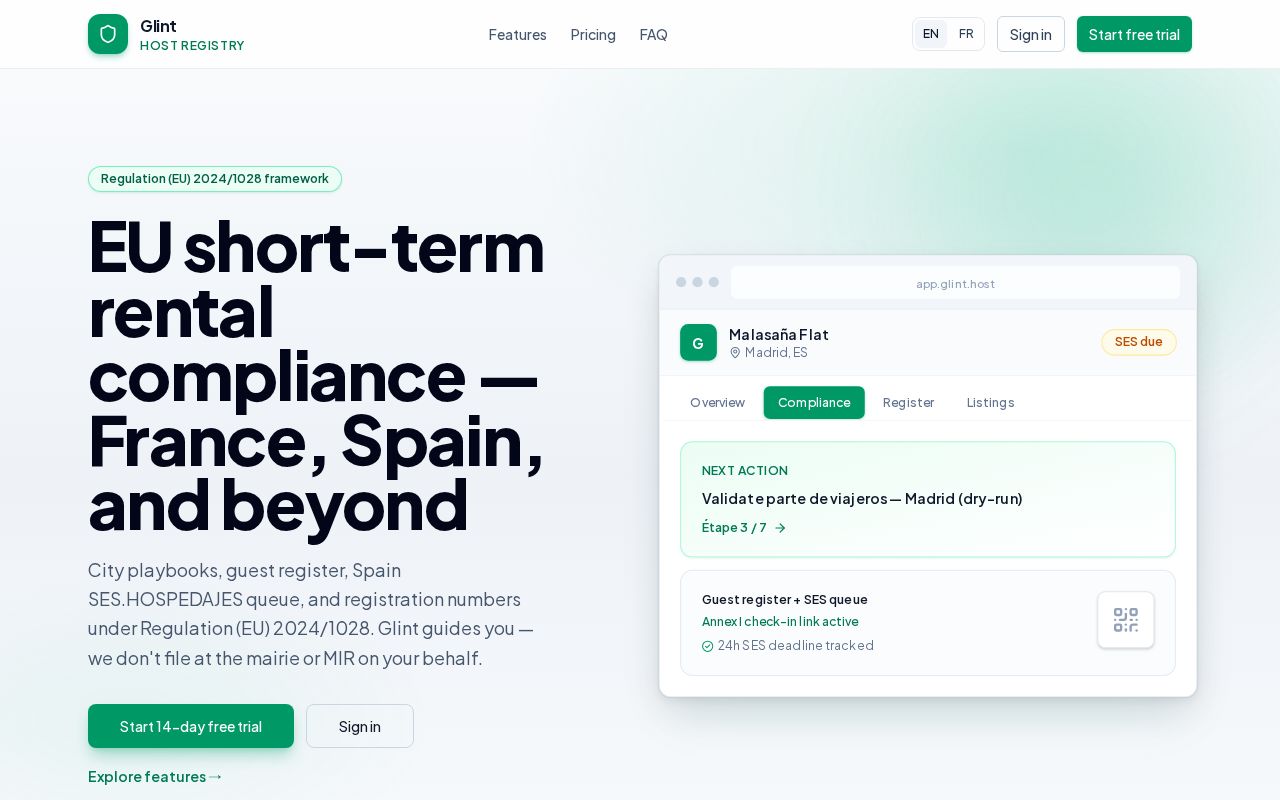 Preview of Glint Host Registry — EU short-term rental compliance SaaS (Regulation 2024/1028)