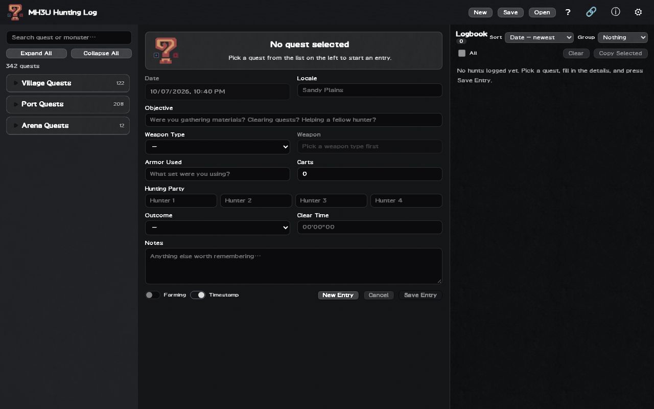 Preview of MH3U Hunting Log