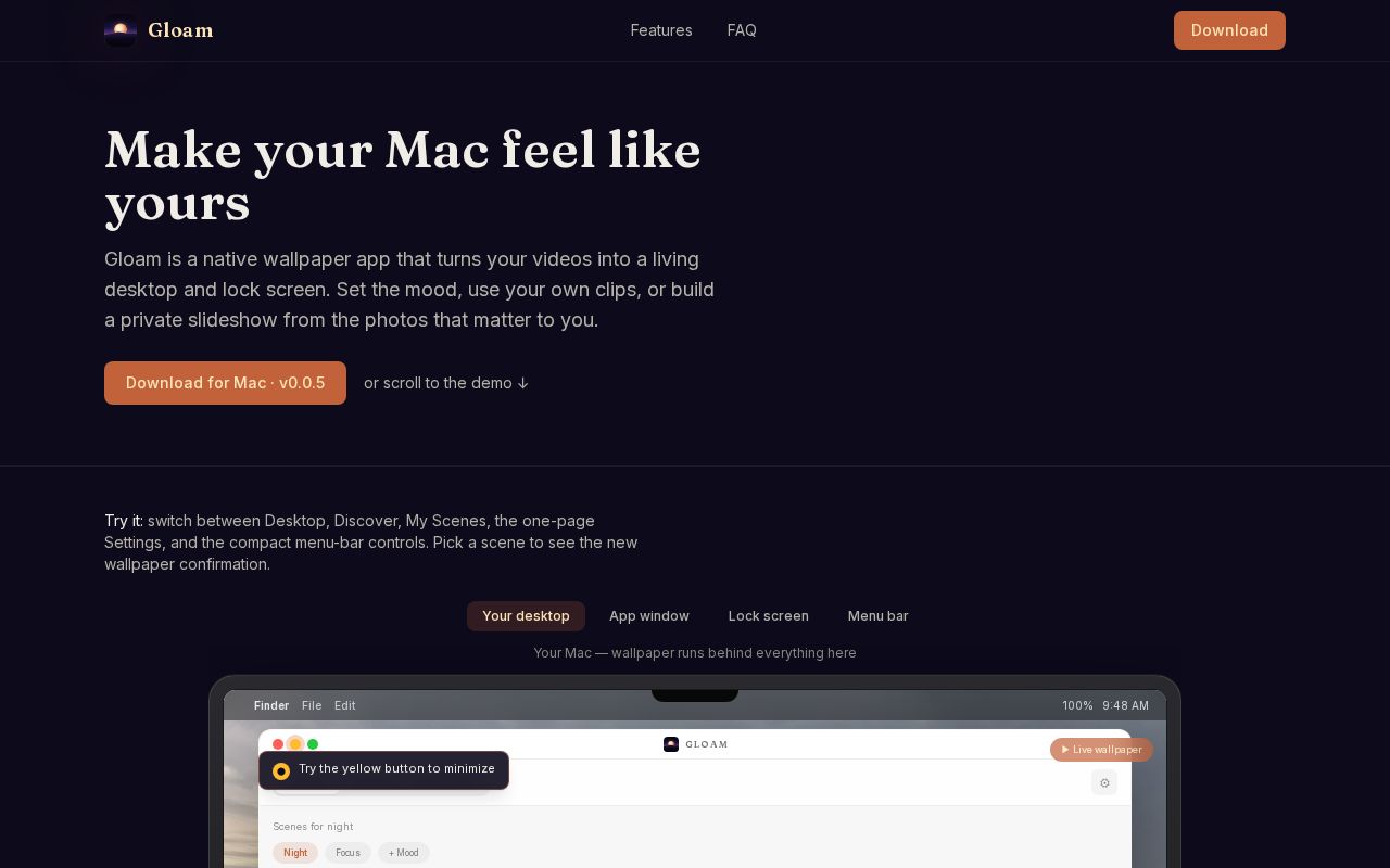 Preview of Public Mac downloads for Gloam. Learn more at gloamapp.thegaragelabs.cc