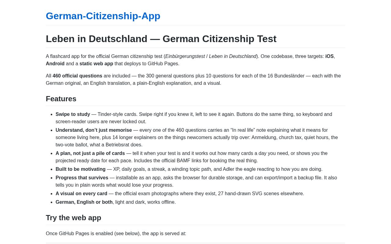 Preview of App with flash cards for German citizenship test