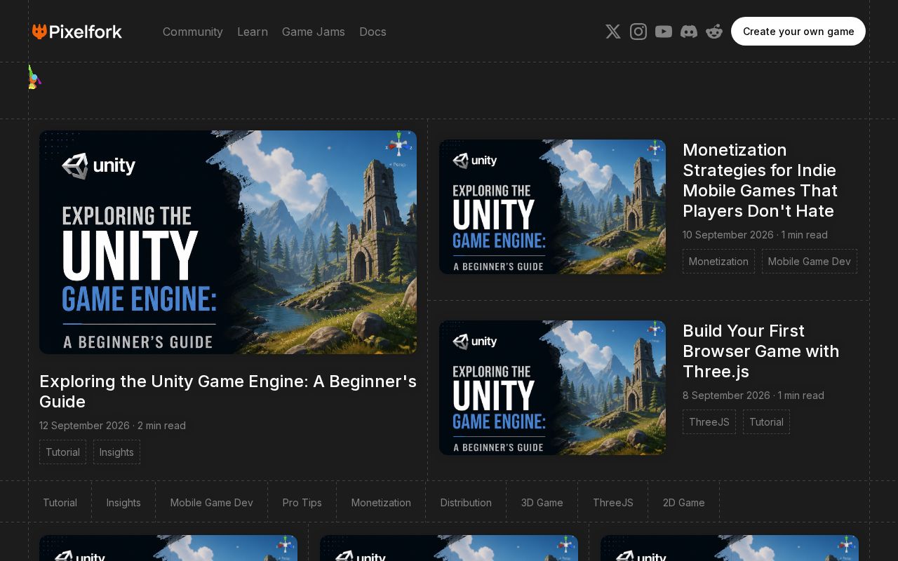 Preview of Pixelfork Blog — game development tutorials, tips & insights (Next.js)