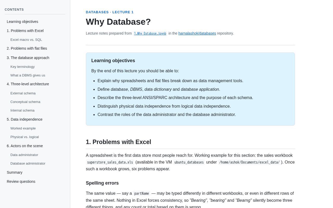Preview of HTML lecture notes for 'Why Database?' (Lecture 1) from harnalashok/databases