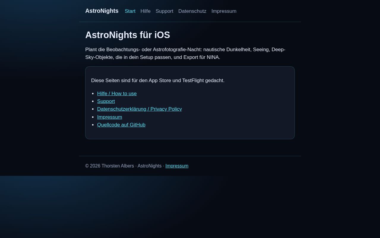 Preview of Public GitHub Pages for AstroNights (privacy, support, impressum).