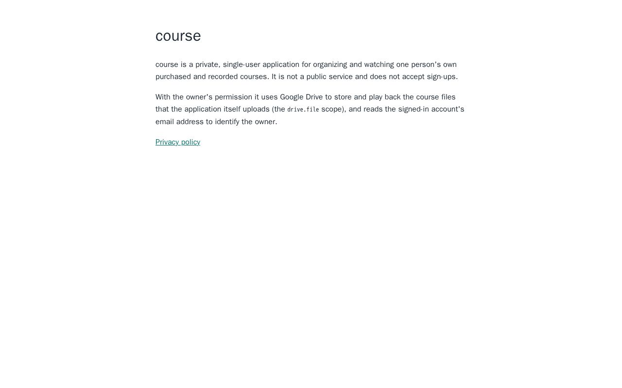 Preview of Home page and privacy policy for the personal 'course' app