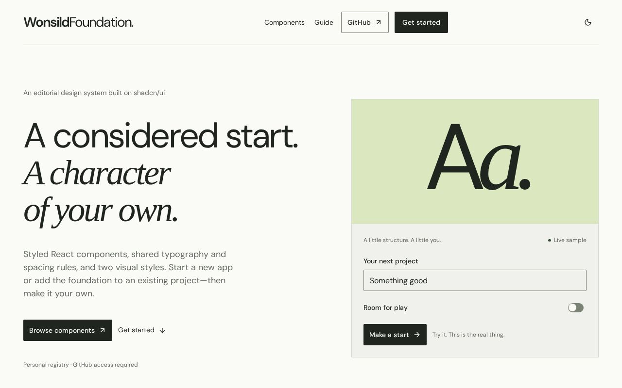 Preview of Personal editorial design system, shadcn registry and reusable React starter
