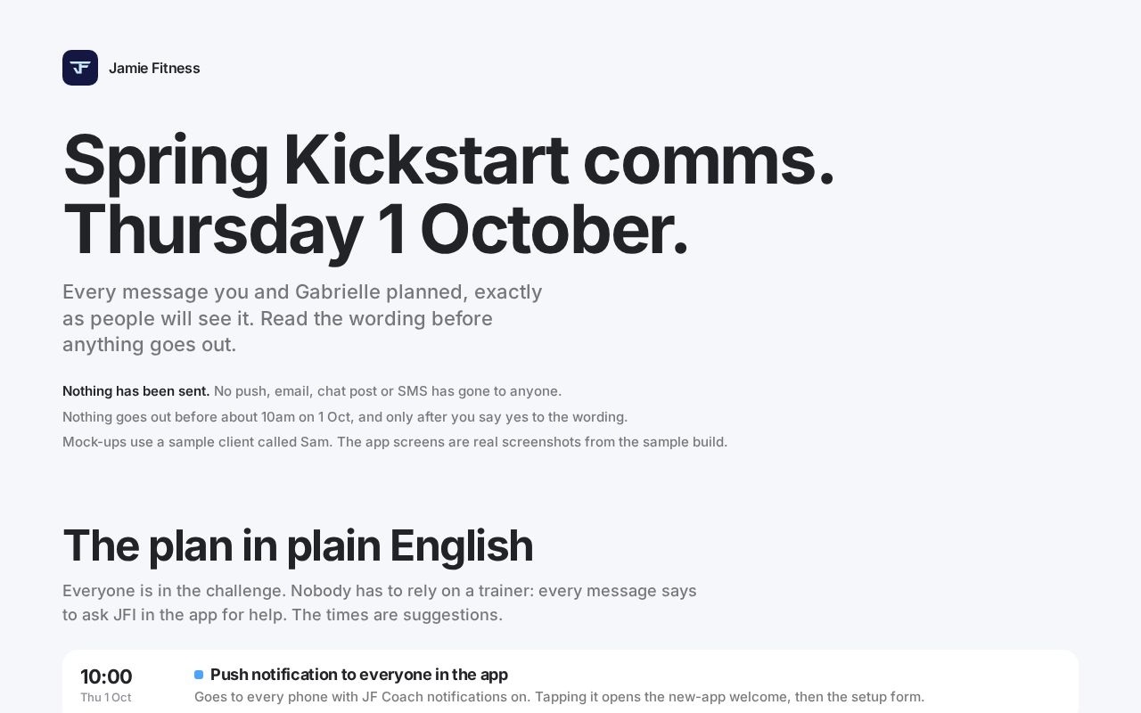 Preview of Spring Kickstart 1 Oct: how every message will look