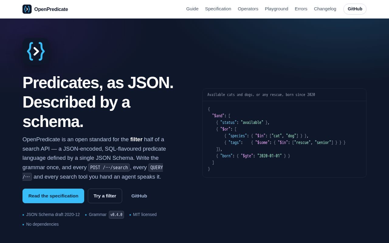 Preview of The website for the Open Predicate specification