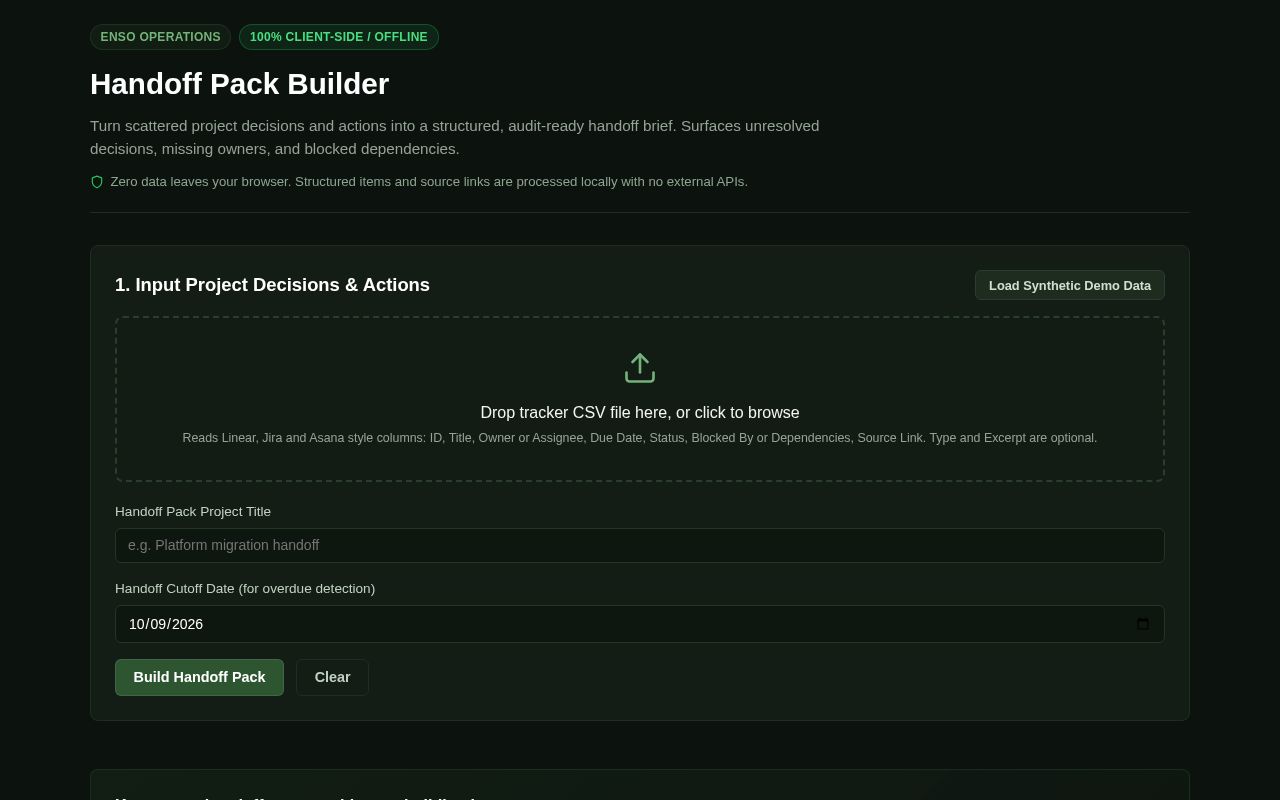 Preview of Enso Handoff Pack Builder