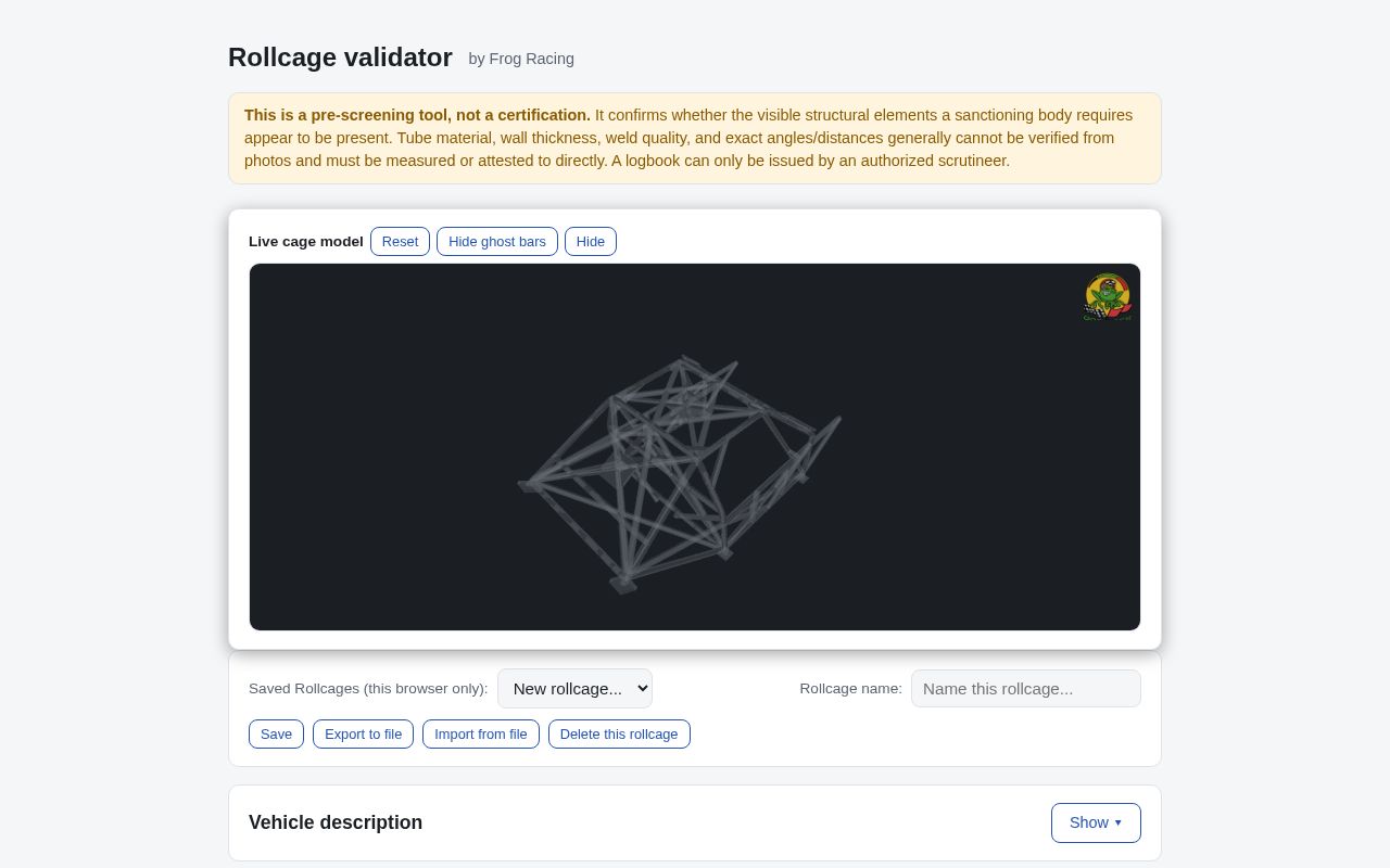 Preview of FIA 253 rollcage logbook pre-screening checklist with live 3D cage view