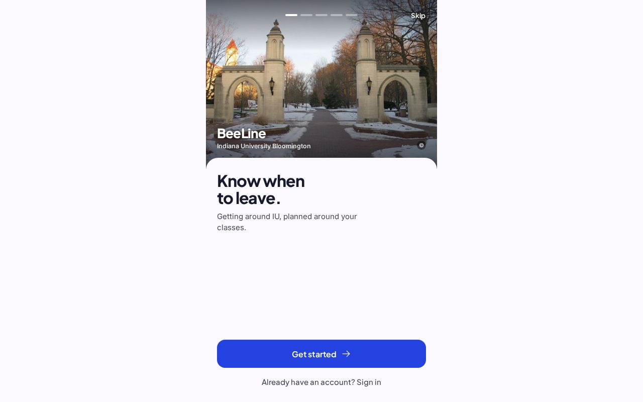 Preview of BeeLine — IU Bloomington, as a web page you can add to your home screen