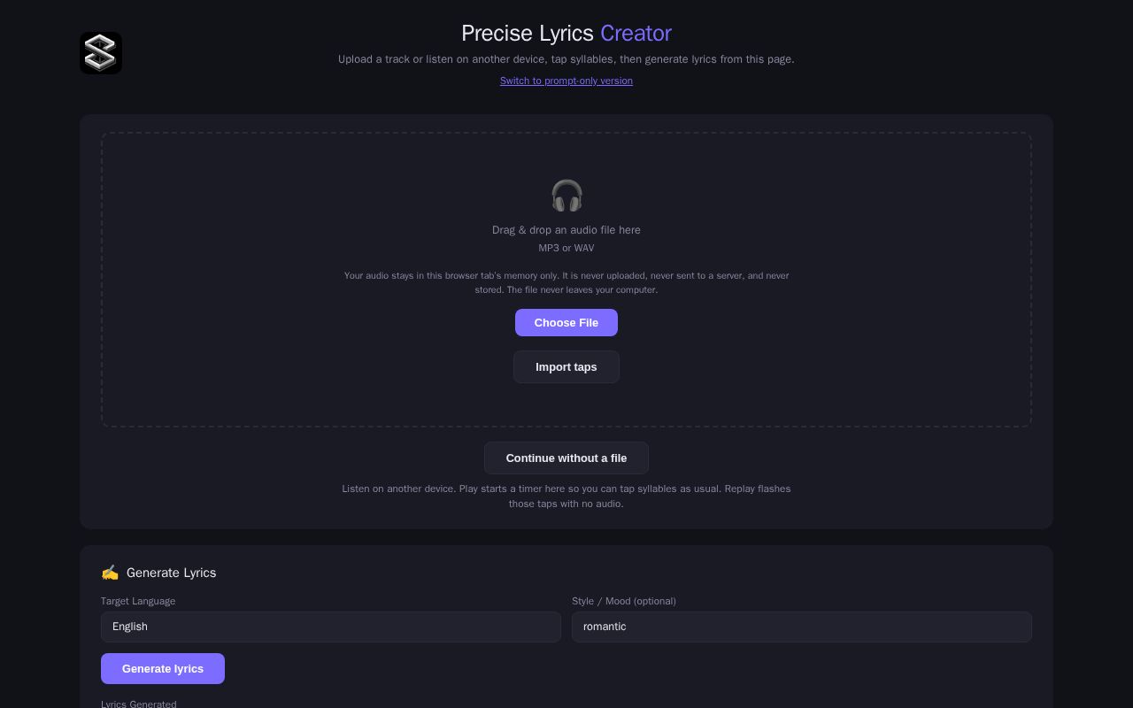 Preview of Tap syllables to a track and build an AI lyric prompt