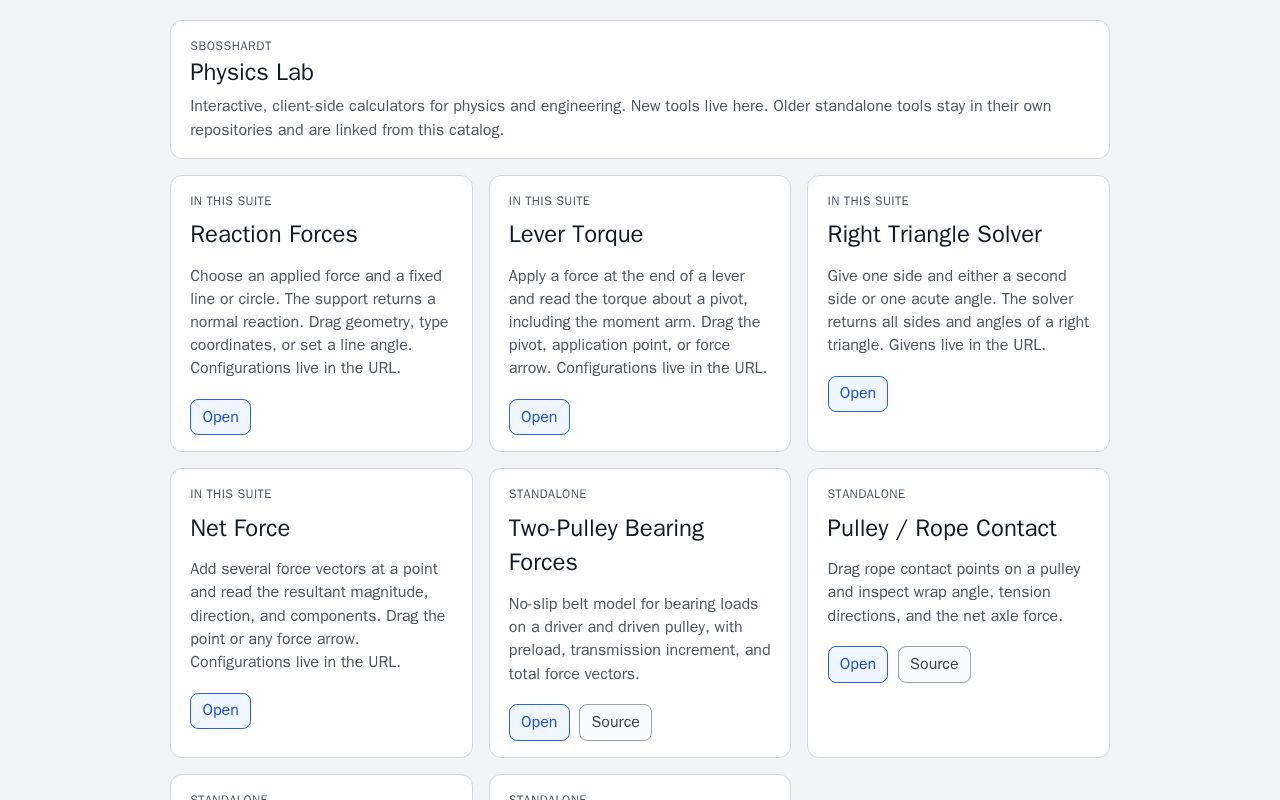 Preview of Interactive, client-side calculators for physics and engineering.