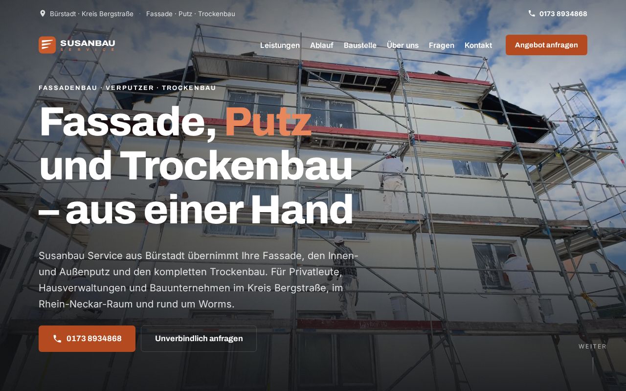 Preview of Website fuer Susanbau Service - Fassadenbau, Verputzarbeiten und Trockenbau in Buerstadt