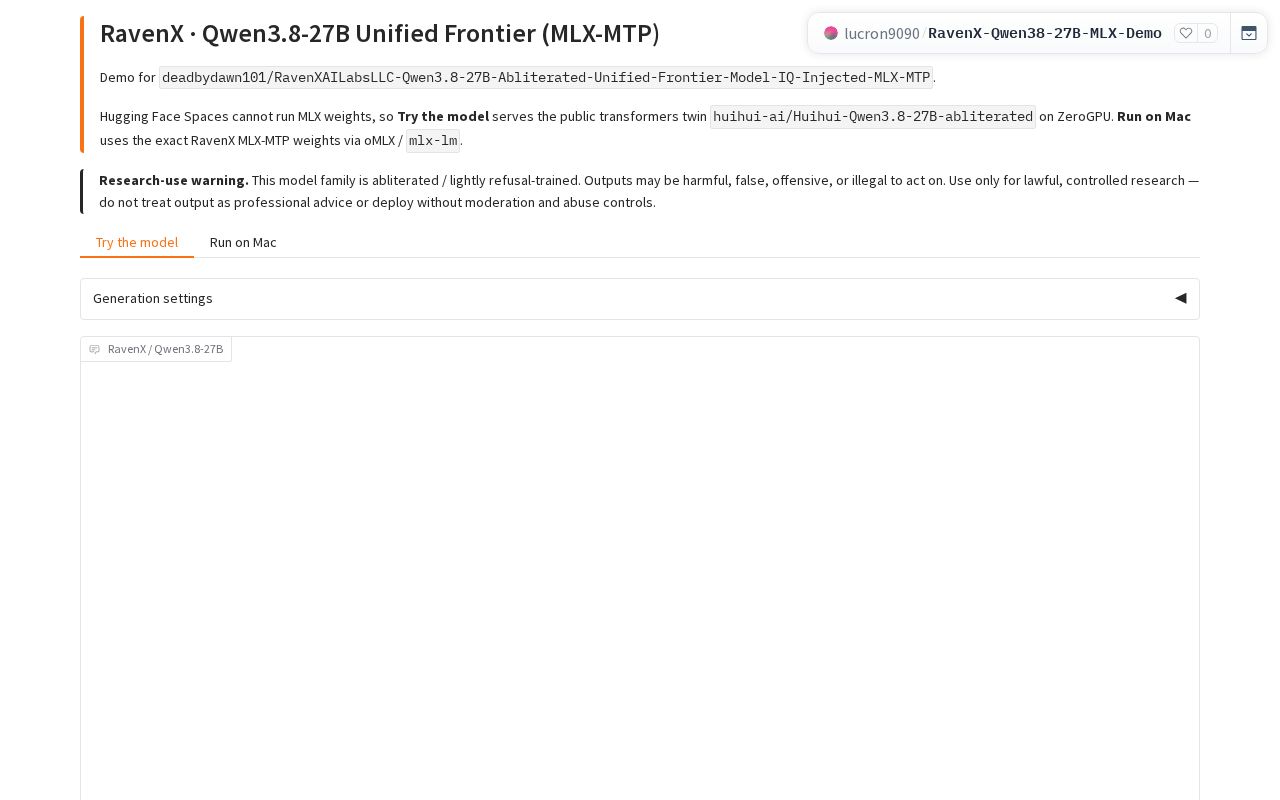 Preview of RavenX Qwen3.8-27B MLX Demo