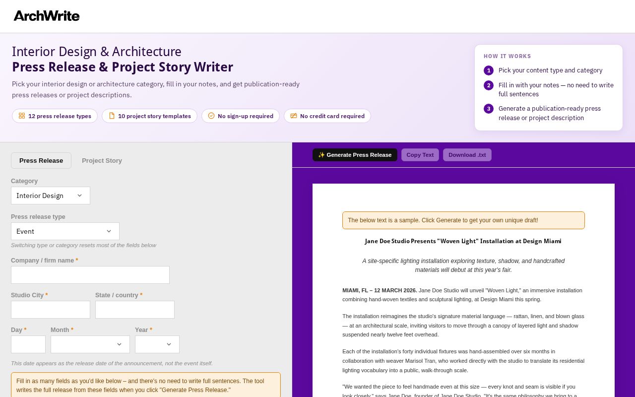 Preview of AI press release and project story writer for architecture and interior design