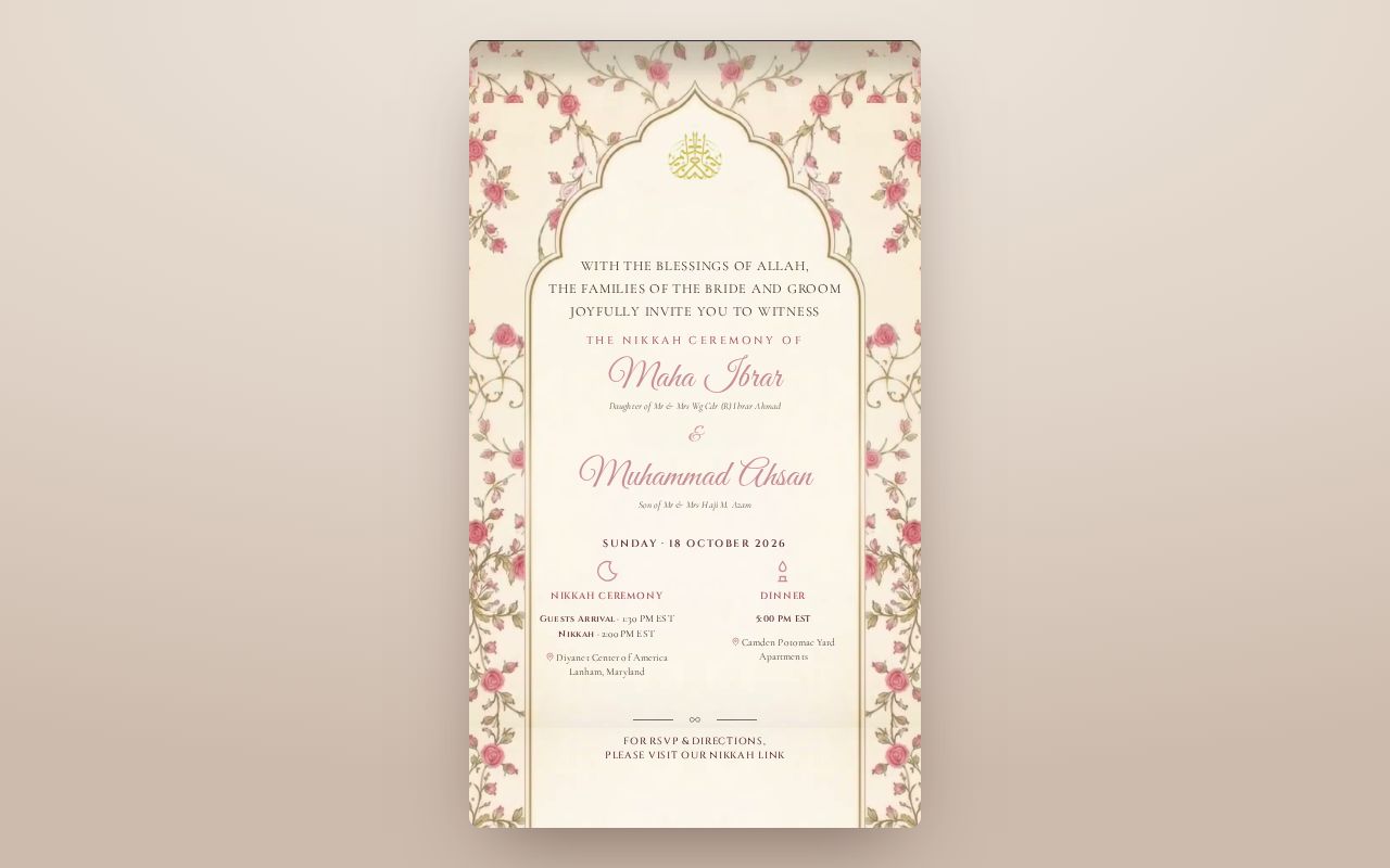 Preview of Ahsan & Maha Nikkah details card (static, screenshot-ready)