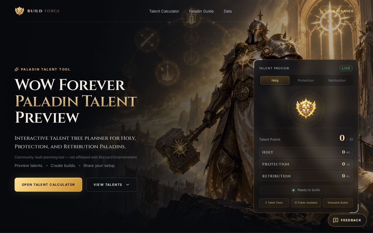 Preview of BuildForge — WoW Forever Paladin talent calculator and shareable build planner
