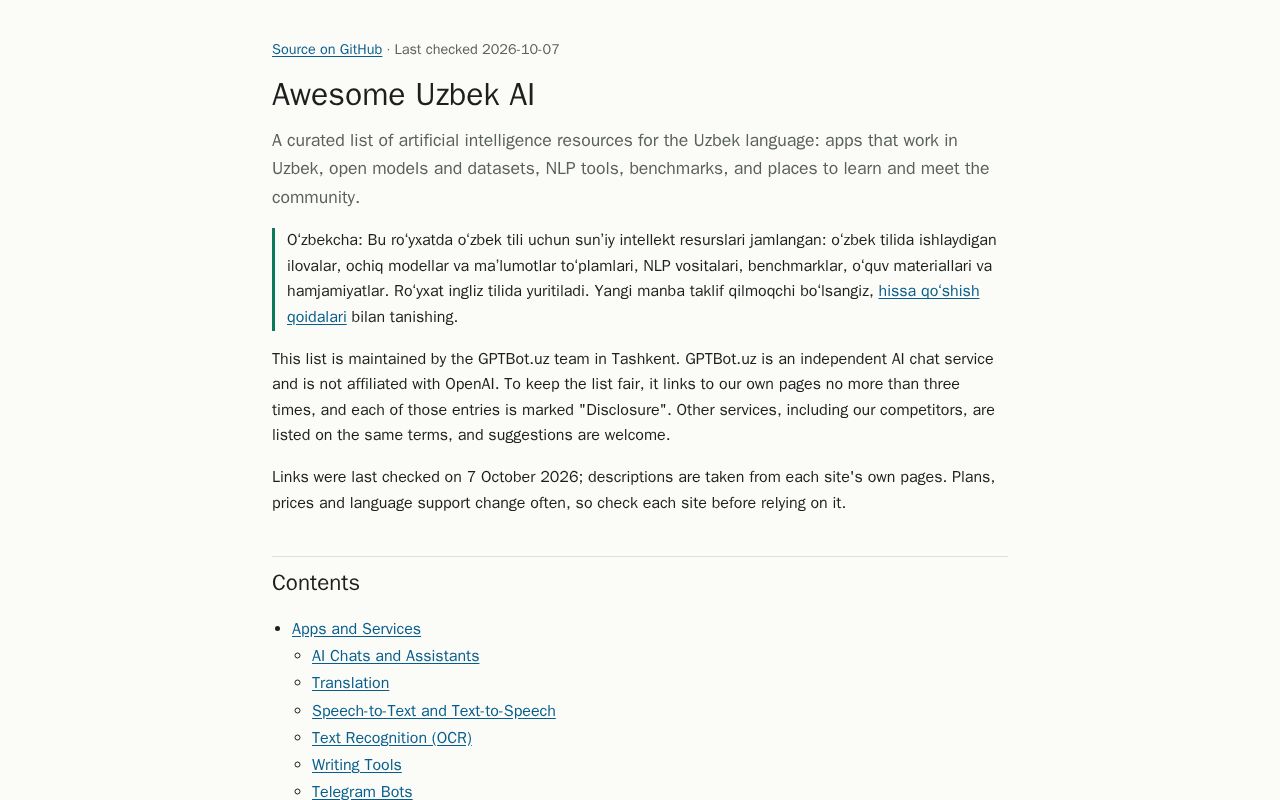 Preview of Awesome Uzbek AI: models, datasets, apps and courses for Uzbek