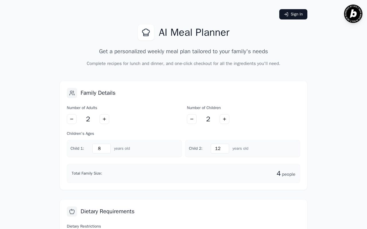 Preview of AI Meal Planner