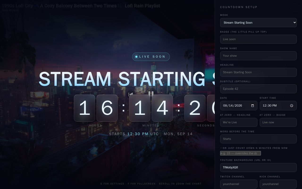 Preview of Reusable stream countdown overlay for livestreams