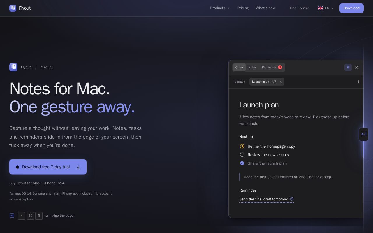 Preview of Notes app for Mac, on the edge of your screen