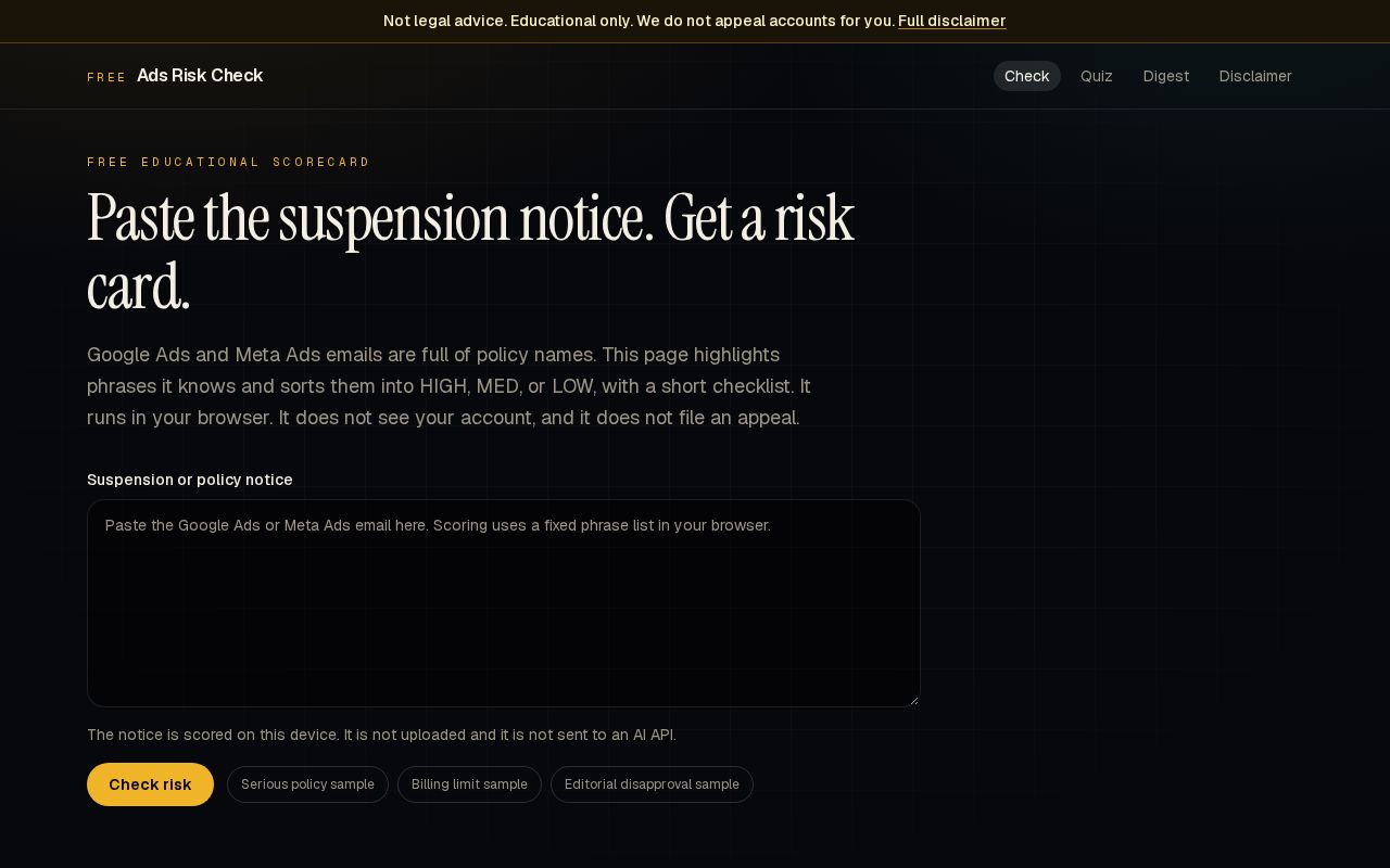 Preview of Free Google Ads & Meta ad account suspension notice checker
