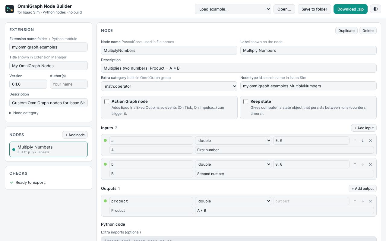 Preview of Isaac Sim Omnigraph Node Builder
