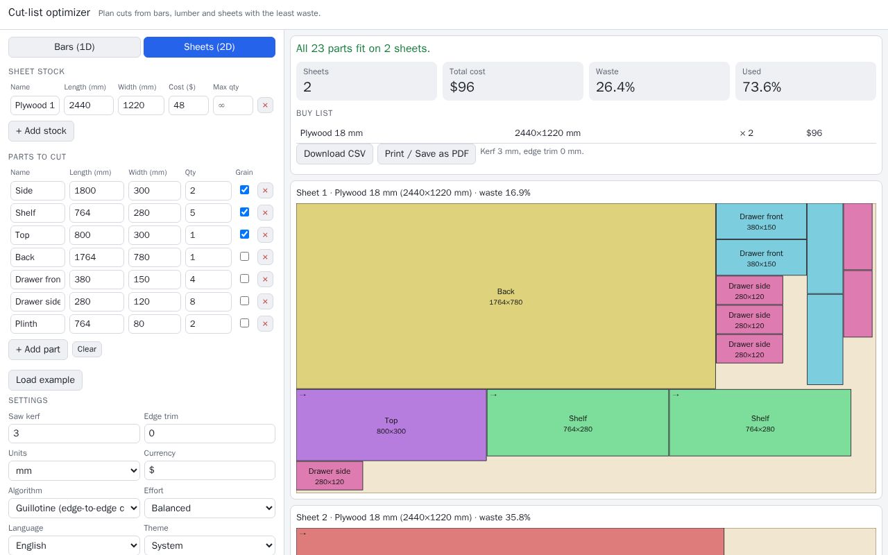 Preview of Cut List Optimizer