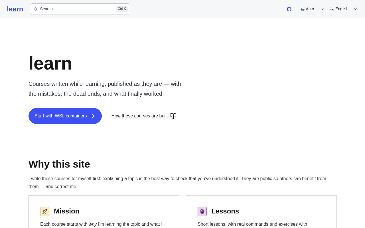 Preview of Learning in public — bilingual (en/fr) courses written as I learn