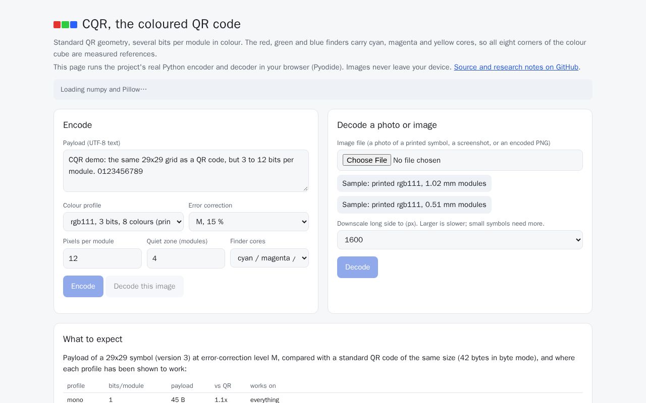 Preview of CQR coloured QR demo