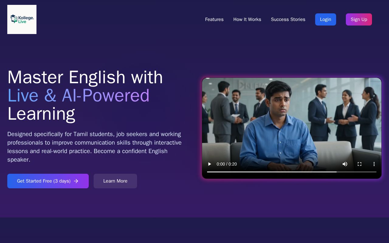 Preview of Kollege.Live (AI-Powered English Mastery in 30 Days)