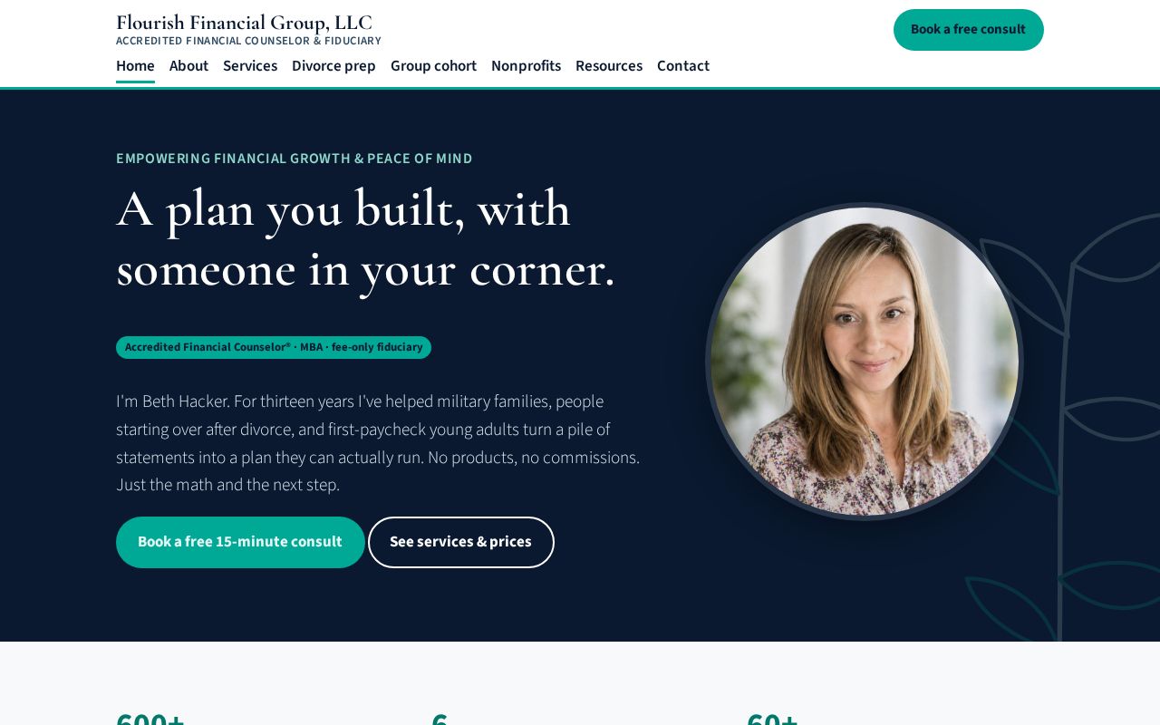 Preview of Flourish Financial Group, LLC — Beth Hacker, AFC® practice site (Astro, GitHub Pages)