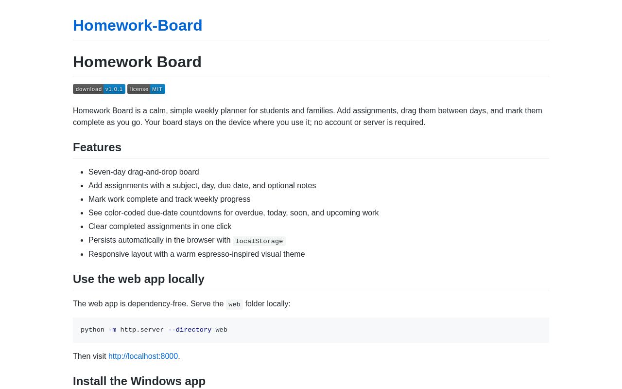 Preview of A calm, privacy-friendly weekly homework planner for students and families.