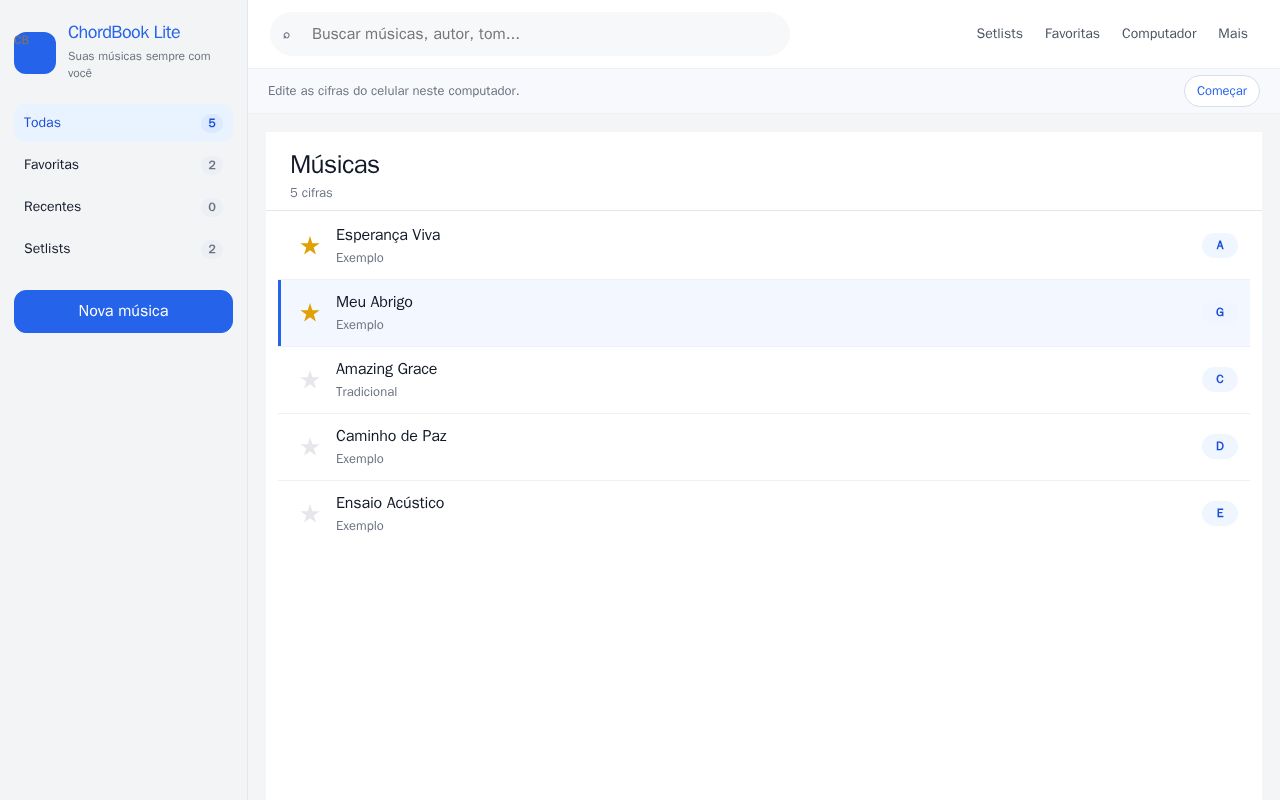 Preview of Nucleo leve do ChordBook: biblioteca, palco e setlists.