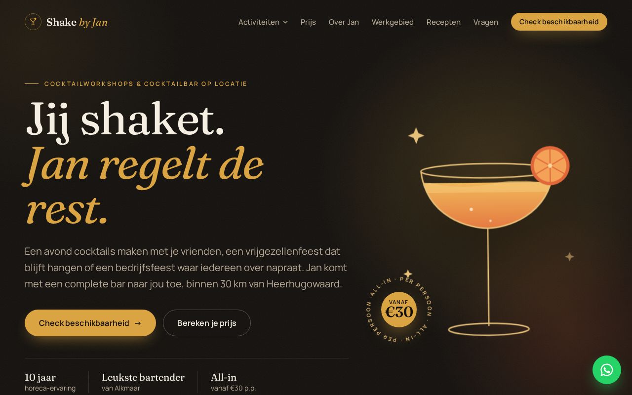 Preview of Website Shake by Jan - cocktailworkshops en cocktailar op locatie (regio Heerhugowaard)