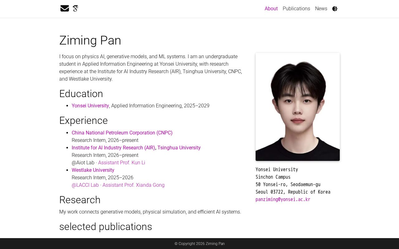 Preview of Ziming Pan academic homepage