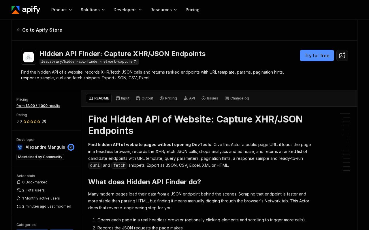 Preview of Hidden Api Finder Network Capture Apify Actor