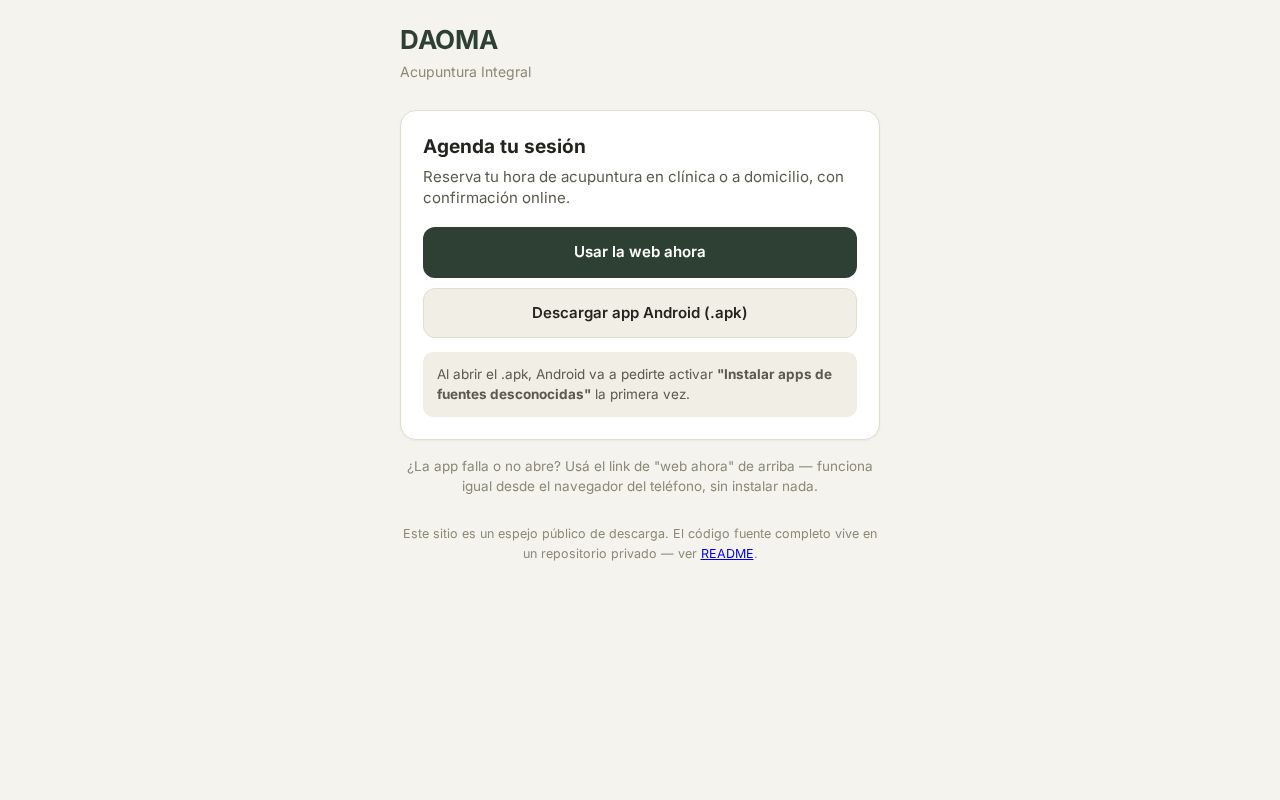 Preview of DAOMA — descarga de app y web de respaldo (paciente y panel)