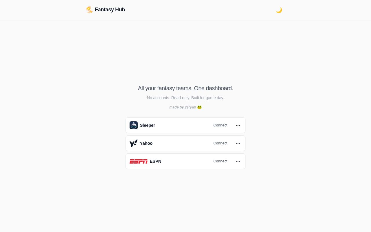 Preview of hub for all your fantasy teams!