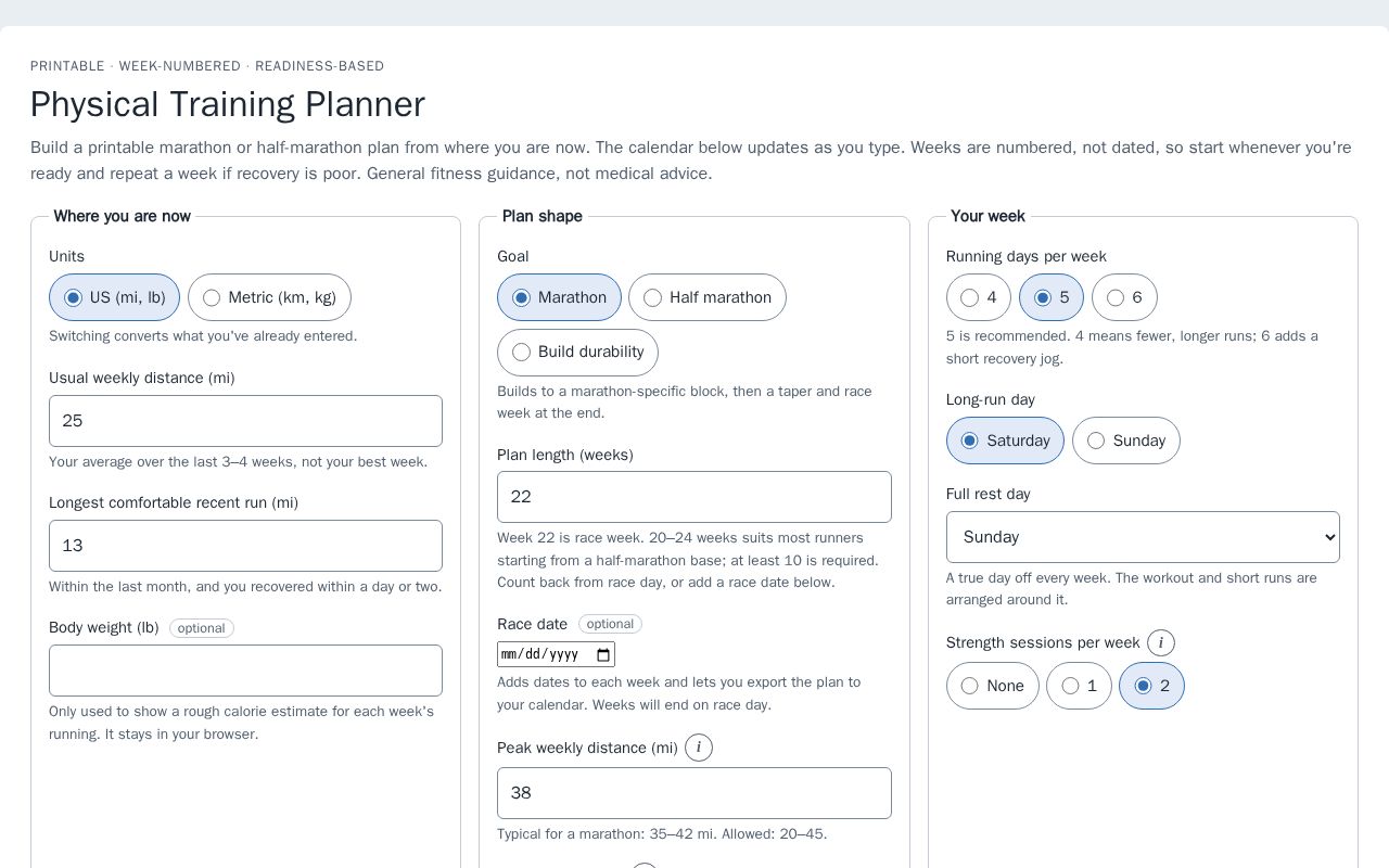 Preview of Physical Training Planner